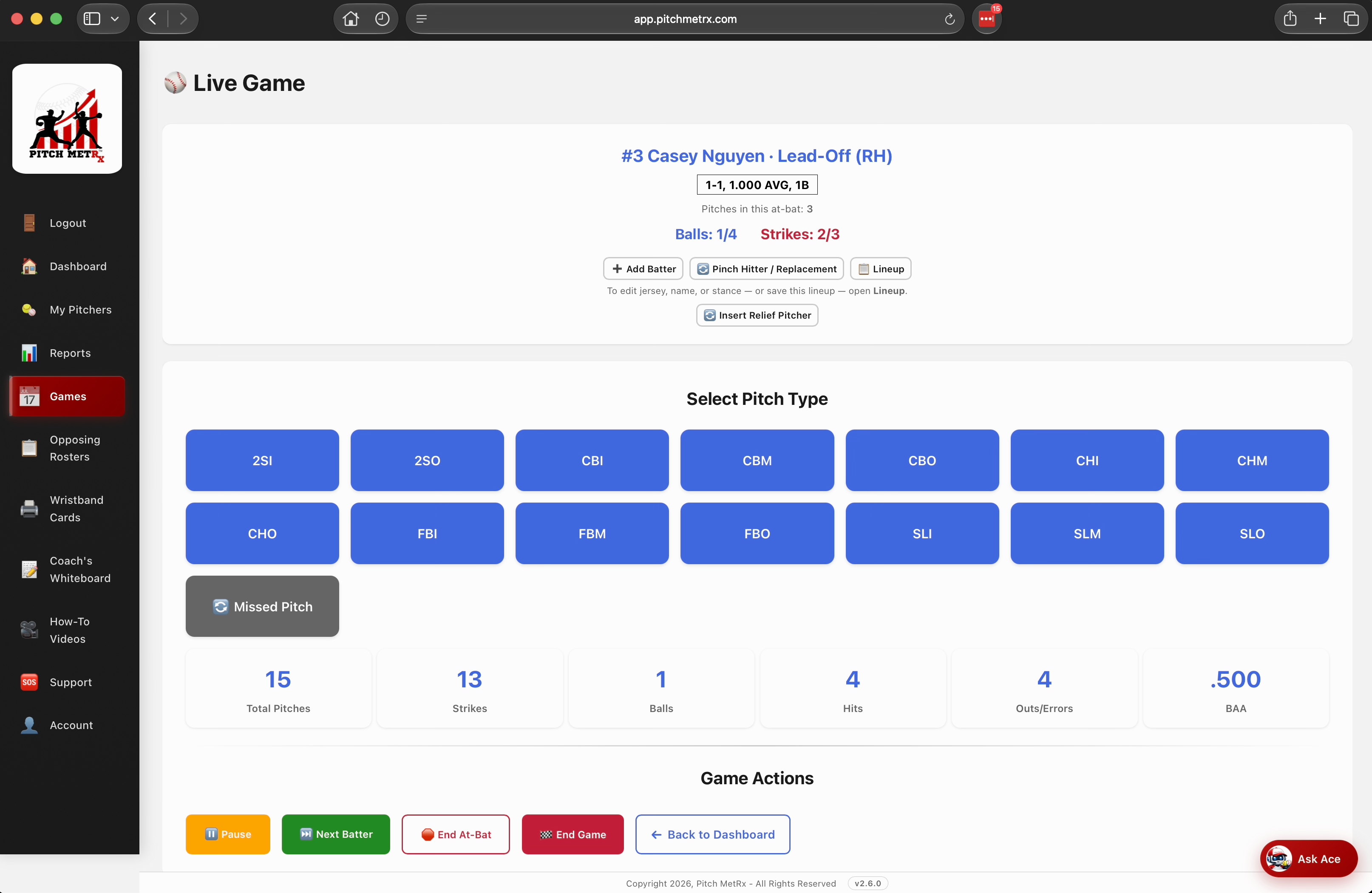 Live game tracking in Pitch MetRx